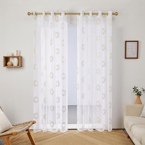 Deconovo Tende in Tulle con Stampa a Cerchio Dorato, Tende in Tulle per Camera da Letto e Studio, Bianco, 140x290 CM, 2 Pezzi