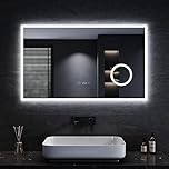SONNI LED Badspiegel 100x60 cm Badezimmerspiegel mit Beleuchtung 3 einstellbare Lichtfarbe Lichtspiegel Wandspiegel mit Touchschalter, Uhr, Temperatur, 3-Fach Vergrößerung
