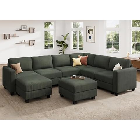 HONBAY Corduroy Sectional Couch with Storage U Shaped Sectional Sofa Modular Sectional Couches for Living Room, Green Cover