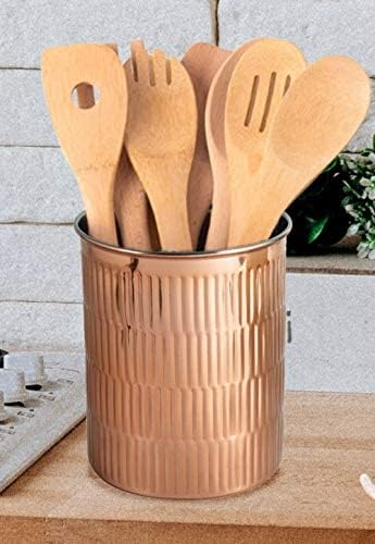Palais Essentials Stainless Steel Kitchen Utensil Holder - Crock Organizer Caddy - Great for Large Cooking Tools (6.3" Diameter X 7"H, Linear Copper)