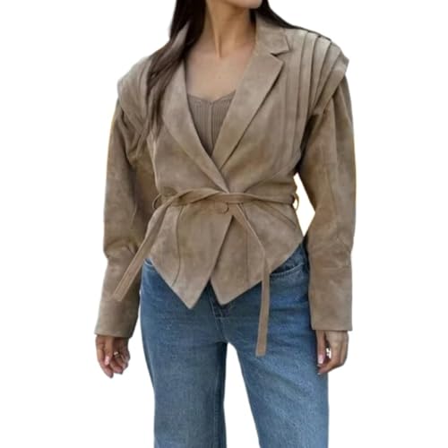 Khaki Jacket Notch Collar Ruched Belted Long Sleeve Wrap Irregular Vintage Fall Casual Streetwear Jacket