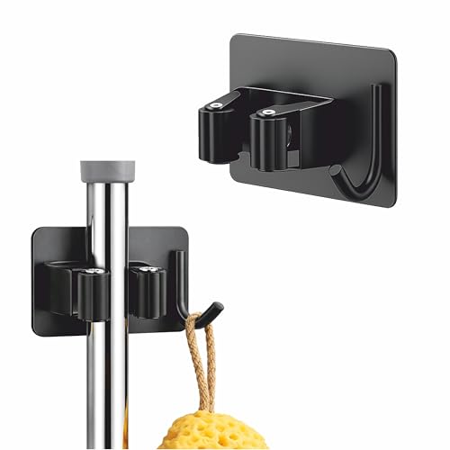 Image of JIALTO 1 PCS Adhesive Broom Holder Wall Mounted - Stainless Steel Mop Holder for Bathroom & Kitchen, No Drill Wall Organizer for Broom Stick, Cleaning Tools Hanger Black