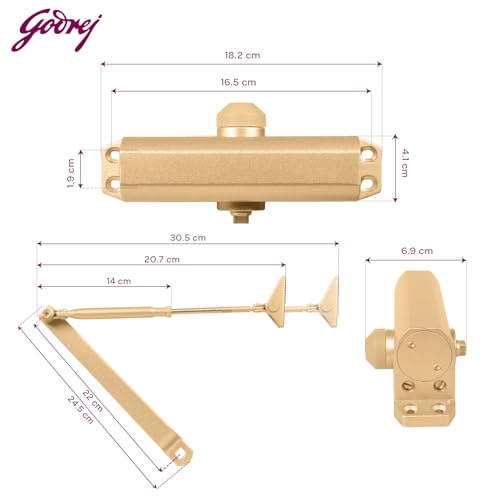Image of Godrej Door Closer | Cerus Universal Door Closer I Gold Finish | Max Door Weight: 85kg | Max Door Width: 1250mm | 180 Opening Angle | Adjustable Closing Speed|3 Years Warranty
