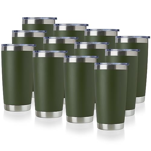 DOMICARE 20oz Stainless Steel Tumbler Bulk with Lid, Double Wall Vacuum Insulated Travel Mug, Powder Coated Coffee Cup (Army Green, 12)