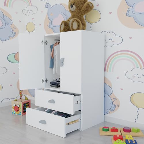 Image of VIKI Kids Wardrobe Almirah - 2 Door Kids Storage Cabinet with Hanging Rod & 2 Drawers for Bedroom, White (40x60x102 cm) | 1 Year Warranty