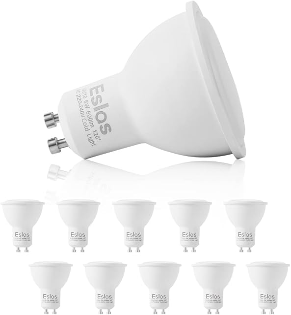 Eslas GU10 LED Light Bulbs,Cool White 6000K, 6W 600LM,60W Halogen Bulb Equivalent,120 Degree Beam,Pack of 10