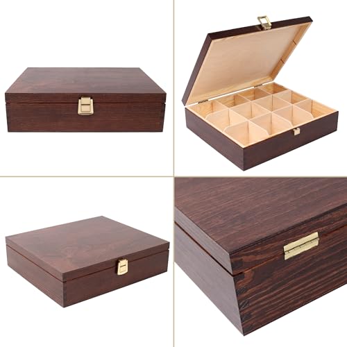 Elegant Brown Wooden Tea Box Storage Container | 12 Compartments | 29x25.5x7.5cm | Natural Wood | Luxury Organiser for Keepsakes | Gift Box - Image 9