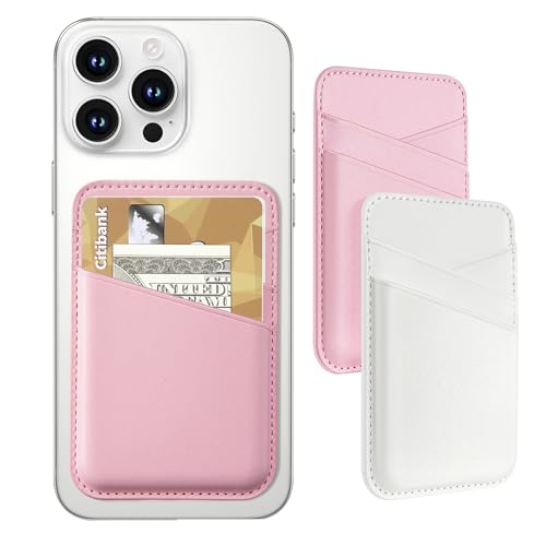 Senose Phone Wallet Stick on 2 Pack Phone Card Holder for Phone Case Leather Credit Card Sticky Wallet 3 Pockets Back of phone Compatible for iPhone Android Samsung-White Pink