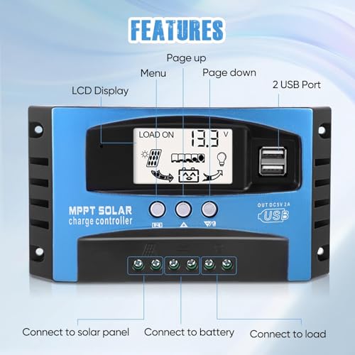 100A MPPT Laderegler Solar Wasserdicht Solar Laderegler für 12V/24V Solaranlagen - Max 50V PV-Eingang - LCD-Display (Solarpanel, Batterie, Wohnmobil)