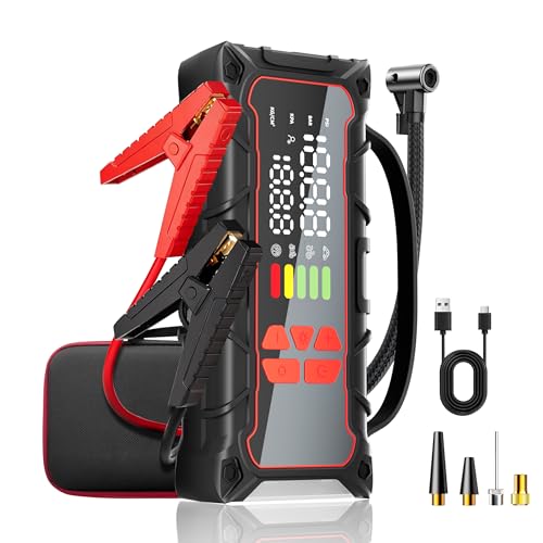 Battery Jumper Starter Portable, 5000A Jump Starter with Air Compressor(7.0L Gas/ 6.0L Diesel) with 160PSI Tire Inflator, 12V Jumper Box Car Battery Jump Starter, Car Accessories Emergency Kit