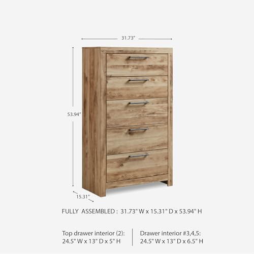 Image of Signature Design by Ashley Hyanna Rustic 5-Drawer Chest with Safety Stop for Bedroom, Light Brown