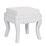 JONATHAN Y VSL1000D Rowan 19.7' Bohemian Designer Woven Rattan/Wood Ottoman Vanity Stool, White Cushion Seat with White Distressed Binded Base, for Living Room, Bedroom, Entryway, Foyer