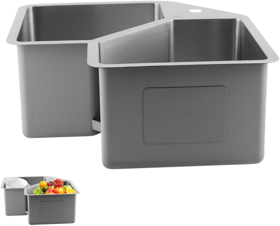 Mipcase Double Bowl Corner Sink: Stainless Steel Kitchen Top Mount Sink for Bathroom Laundry Restaurant Outdoor Indoor Garage, Silver, 32.75 x 22.74 x 10 Inch