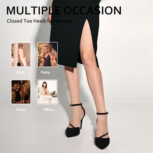 IDIFU IN4 Women's Pumps Closed Toe Heels Stiletto High Heels Dress Shoes for Women Wedding Prom Dressy Party Bridal Shoes Trendy Strappy Pointed Toe Ankle Strap Heels Pumps3