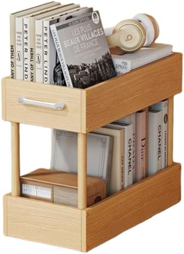 リン和膳居です無垢材モバイル本棚、デスク下収納カート、多機能二層収納ラック、オープンデザイン、キッチン調味料カート、柔軟な動きのためのキャスター付き、寮、学校、オフィス、家庭に適しています (33*50*43cm,キャスターなし)