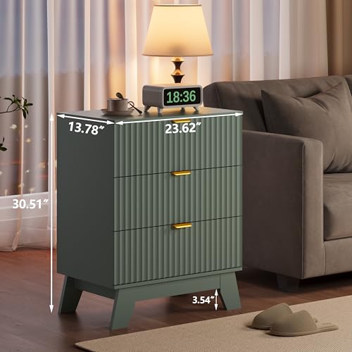 Image of Fluted Nightstand Sets of 2 with 3 Large Drawers, Wooden Side End Table with Elevated Legs for Easy Cleaning, Sturdy Modern Beside Table for Small Space, Bedroom, Green, 24 inch L