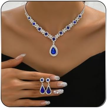 Rhinestone Waterdrop Bridal Necklace Earring Set for Women Silver Crystal Wedding Choker Necklace Geometry Teardrop Dangle Drop Earrings Wedding Party Prom Jewelry Set for Bridal Bridesmaid (Blue)