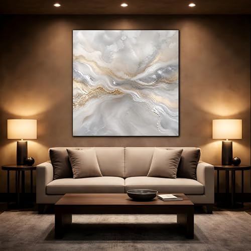 Toile abstraite vagues gris or pour rechauffer un mur blanc de salon vide
