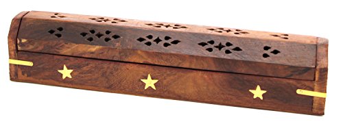 Govinda® Wooden Coffin Incense Burner - 12" Stars - Brass Inlays - Storage Compartment #TOP7