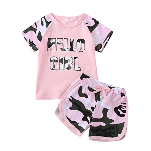 Focutebb Baby Girl Clothes 18-24 Months Toddler Summer Outfits Cute Baby Short Sleeve T-Shirt Pants Sport Tracksuit Light Pink Camo Girl 90Cm #TOP8