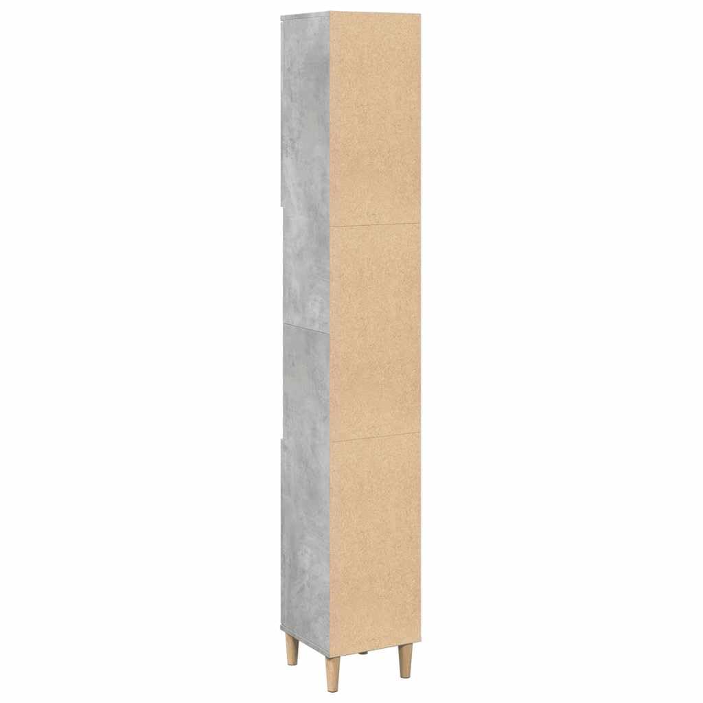 Armadietto da bagno grigio cemento, 30 x 30 x 190 cm, in legno con 6 scomparti e 2 ante, gambe in legno massiccio di eucalipto, spazio per bagno, WC degli ospiti, mobiletto sottolavabo