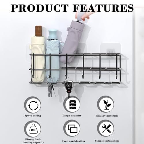 Image of HASTHIP Wall Umbrella Holder Storage Organizer Rack with Hooks, No Drill Wall Mounted Multi Hook Rack Umbrella Organizer Rack for Folding Umbrella, Golf Umbrella