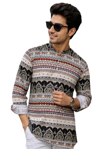 Image of Majestic Man Men's Cotton Regular Fit Short Printed Designer Kurta