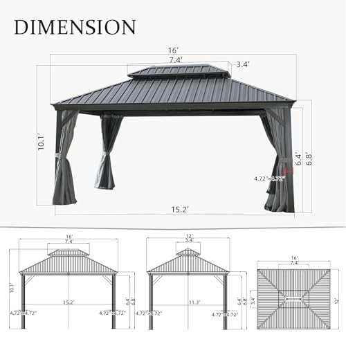 Domi 12'x16' Hardtop Gazebo Canopy,Outdoor Aluminum Gazebo with Galvanized Steel Double Roof,Permanent Gazebo with Drainage System,Curtain and Netting Included,Grey - Image 3