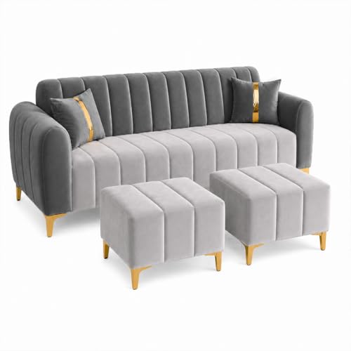 Image of FURNY Harmony 5 Seater L Shape Sofa Set with 2 Movable Ottoman & Golden Legs | Flexible Left or Right Layout | Plush Velvet Fabric (Dark Grey-Light Grey) | Perfect For Living Room, Guest Room & Office
