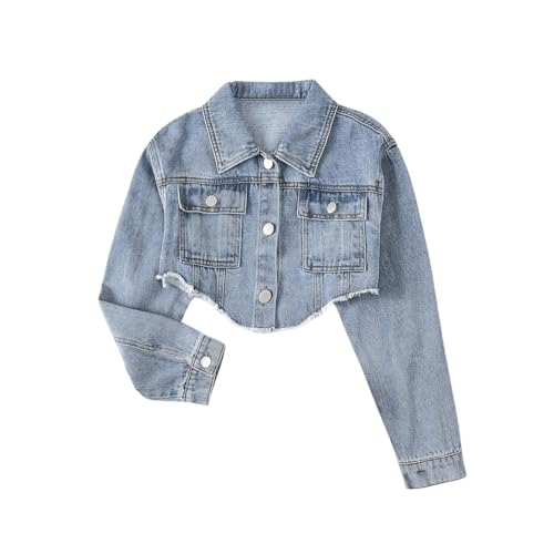 Girl's Long Sleeve Asymmetrical Raw Hem Coat Collared Neck Button Up Crop Denim Jackets with Pockets