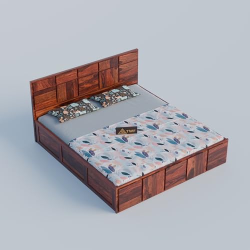 Image of Solid Sheesham Wood Queen Size Bed with Storage Box | Double Bed for Bedroom | Plan Panel Design Wooden Double Bed Cot for Home & Hotels | Rosewood, Honey Finish