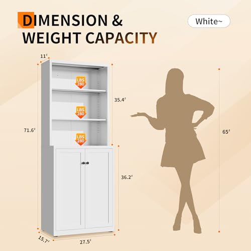 72" H Tall Metal Bookcase with Doors, 6 Tier Bookshelves with Adjustable Shelves, Storage Cabinet with Open Display Shelf, for Living Room, Home Office, Library - Image 4