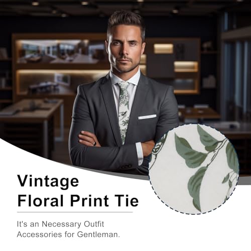 Image of Luckyvestir Ties for Men, Sage Green Cotton Floral Tie 2.76 inch Flower Printed Men's Neckties for Wedding /Groomsmen /Suit /Party