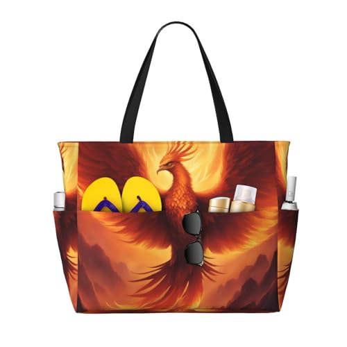 beautiful phoenix Large capacity beach bag with zipper, perfect for grocery bag pool gym travel shopping foldable beach travel bag,