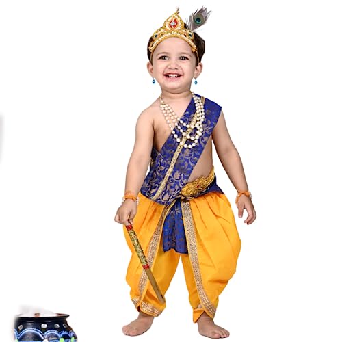 Image of ITSMYCOSTUME Krishna Dress for Baby Boy Kids Set of 10(Dhoti,Hip Cover,Patka,Mukut,Morpankh,Bansuri,Kamarband,Bajuband,Kundal) Little Krishna Ji Kanha Janmasthmi Costume