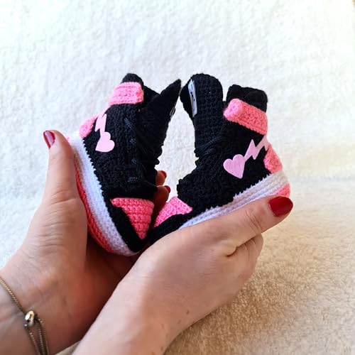 Crochet Baby Sneakers Pink Booties, Organic Handmade Newborn Outfit, baby Basketball Plush Socks, Customizable for Gender Reveal & Birth Announcements, Warm Winter for Newborns Socks2