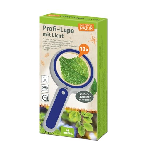 Moses. Expedition Natur Profi-Lupe mit Licht, aufladbare Kinderlupe mit 10x Vergrößerung & 3 LED-Leuchtmodi, Lernspielzeug für Naturbeobachtungen, Outdoor-Lupe für Kinder ab 6 Jahren