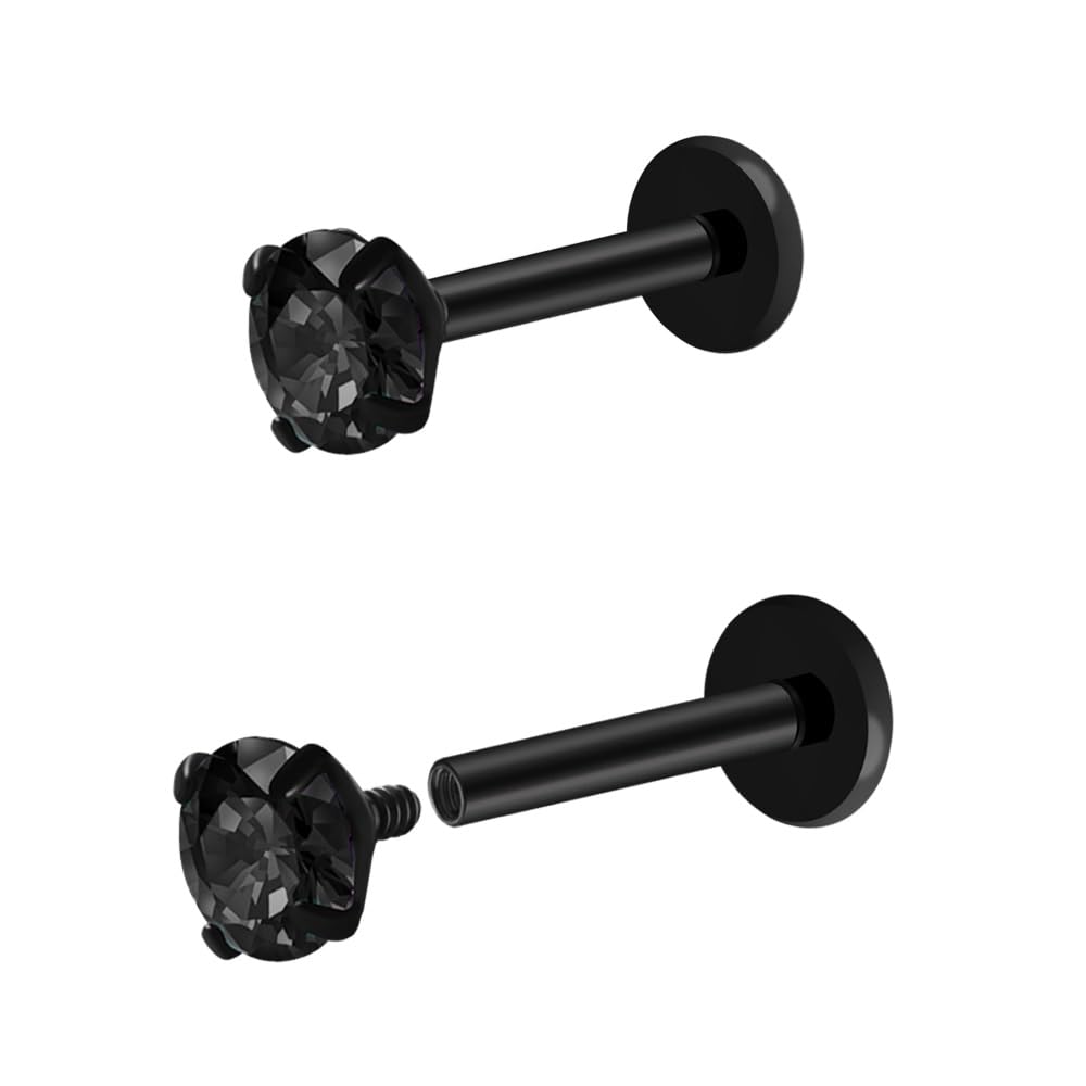 Pierstyles 16G 18G Titanium Internal Thread CZ Stud Earrings Flat Back, Silver Black Tragus Helix Conch Cartilage Piercing Jewelry for Women Men 6mm