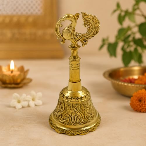 Image of Craftvatika Brass Hand Bell for Pooja Ghanti for Mandir, Peacock Design Hand Bell Ghanti, Pooja Decoration Items, Home and Office Temple Prayer, Festive Decor Bells (11.5 CM Height, Golden)