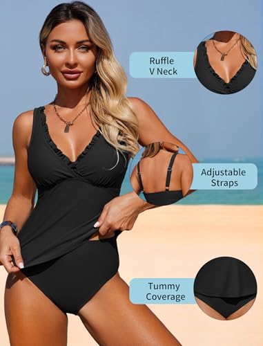 ZAFUL Womens Tummy Control Bathing Suits Modest Swimsuits Two Piece Tankini Top with High Waisted Bottom Black M — view 5