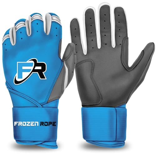 Womens Large - F3 Frozen Rope Batting Gloves - Premium Leather (0.9mm) with Long Cuff Wrist Support - Pro-Grade Baseball and Softball Gloves - Carolina Blue/Gray