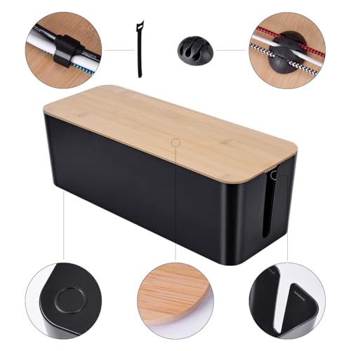 Image of 2 Pack Large Cable Management Box - Wooden Style Cord Organizer Box and Cover for TV Wires, Computer, Router, USB Hub and Under Desk Power Strip - Safe ABS Material and Baby-Pets Proof Lock (Black)