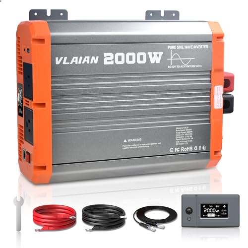 Image of VLAIAN 2000W Pure Sine Wave Inverter,12V DC to 110V AC Power Inverter for Vehicles RV,Truck,Car,Solar Off-Grid Converter with 2 AC Outlet,27W Type-C,5V 3A USB-A,Hardwire Port，16ft Remote Controller