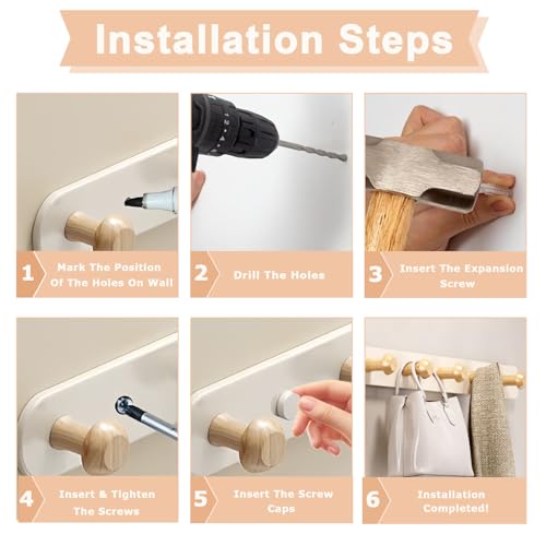 QMAHA Garderobenhaken mit 5 Holz Haken, Kleiderhaken Wand Garderobenleiste Jackenhalter Wand Hakenleiste Garderobe für Schlafzimmer Küche Garderobe