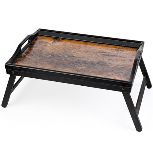 VASMIA Betttablett Tisch mit klappbaren Beinen, Bambus Frühstück im Bett Essen, Servieren, Laptop-Schreibtisch, Snack Tablett, mit Rille für Handy, 43 x 32 cm，Schwarz und Vintage Braun