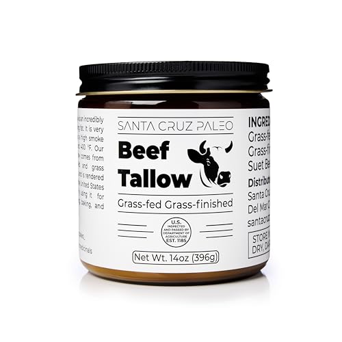 Santa Cruz Paleo Beef Tallow for Cooking, 100% Grass Fed and Finished, Gluten Free, Keto, Sugar Free, Paleo, Use as Lip Balm or Moisturizer, With Vitamin D, E, K, B1, A, Fatty Acids, 14 Oz