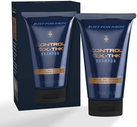 JUST FOR MEN Control GX + THK Thickening Shampoo with Grey Reduction, Shampoo for Thinning Hair with Alpha Keratin, Thickens Hair Up to 20%, Works with Every Hair Texture, 4 oz
