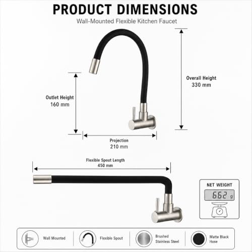 Image of InArt Wall Mounted Kitchen Sink Faucet, 304 Stainless Steel Flexible Kitchen Tap with 450 mm Matte Black Swing Spout, Single Lever Aerated Flow, Brushed Finish, 5 Year Leakage Warranty