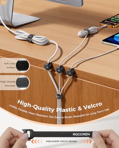 Rocoren 50 PCS Cable Management Kit 10 Magnetic Rotatable Cable Clips,40 Reusable Velcro Cord Organizer Straps, Cord Holder Accessories for Under Desk,Nightstand,Home and Office — view 6