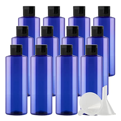 ZEOABSY 12 garrafas de 12 peças com Flip-Top, frascos de plástico PET com tampa rebatível preta, vácuo garrafa de viagem recarregáveis para cosméticos, azul